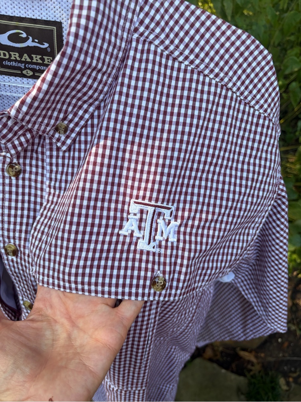 Drake Maroon and White Gingham Button-Down Shirt with Embroidered Logo
